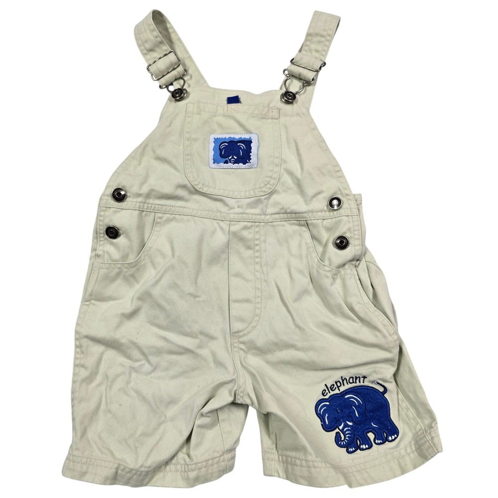 Simply Basic Baby Toddler Boy 2T Overalls Shorts Beige Elephant Applique Y2K VTG